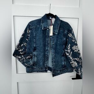 Solitaire Blue Denim Jacket with Silver Sequin Floral Sleeves